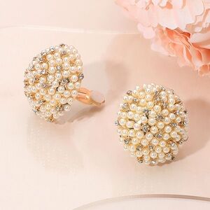 Beaded Pearl Rhinestone Embellished Dome Clip On Earrings